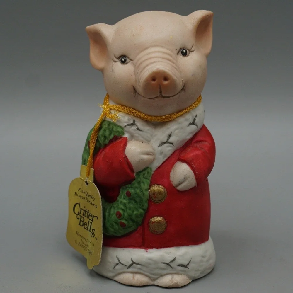 Vintage 1980 Jasco Critter Bells Porcelain‎ Pig Christmas Wreath Figurine Bell